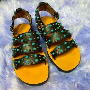 Sandro NOIR Women's Tonya Leather Turquoise-Studs Platform Sandals